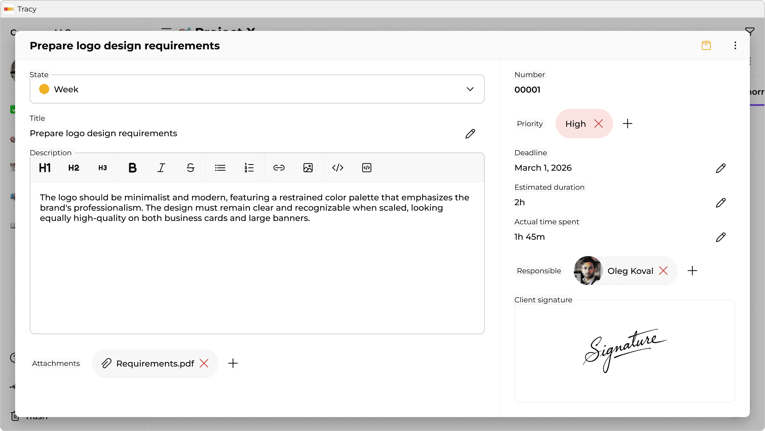 Task with client signature
