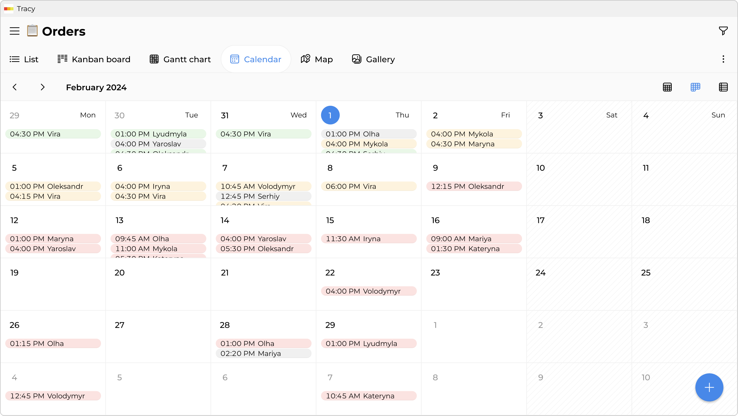 Order calendar and team schedule