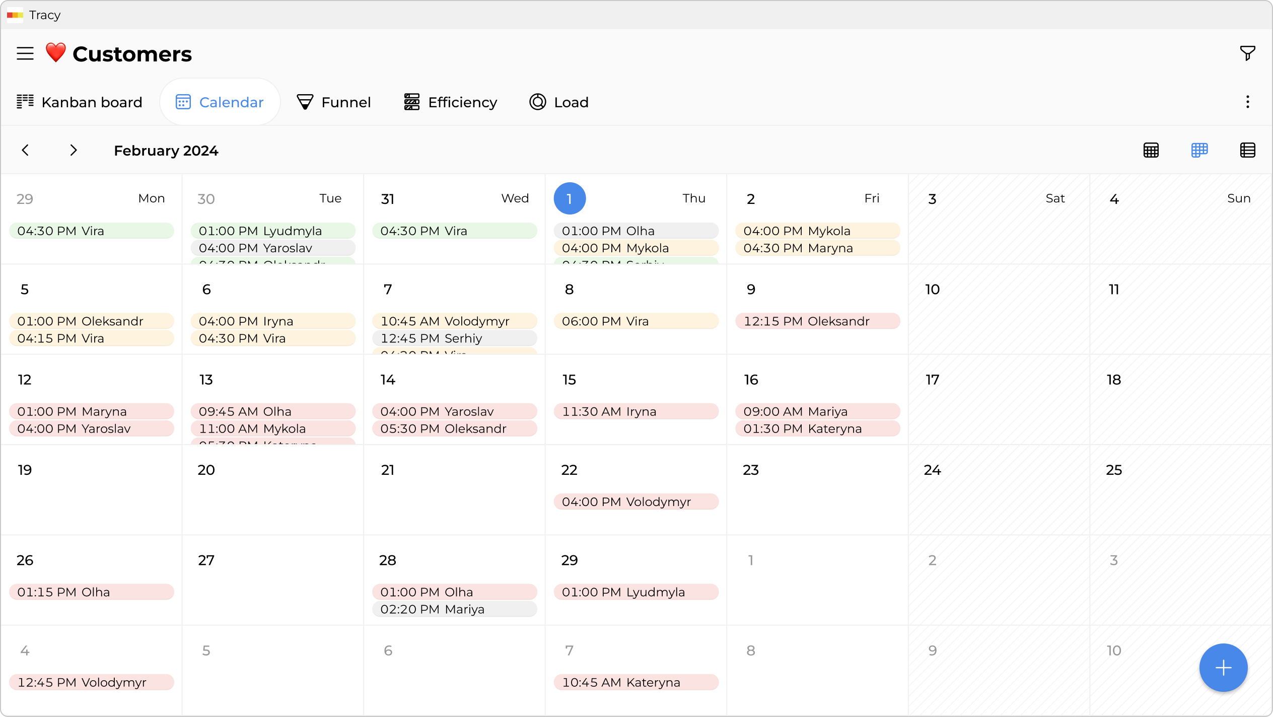 Calendar with measurements, installations, and reminders