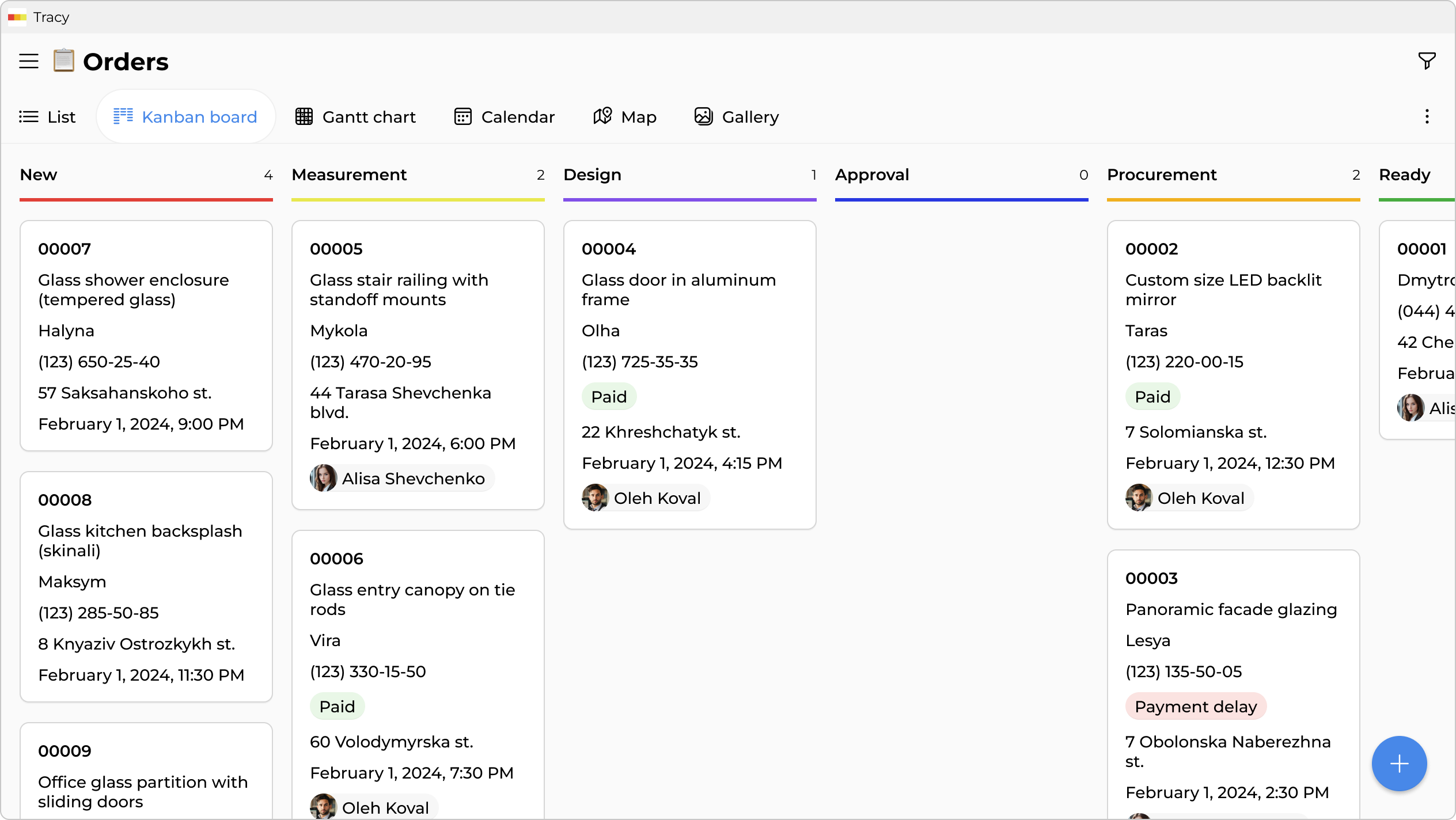 Orders by stage—from measurement to installation