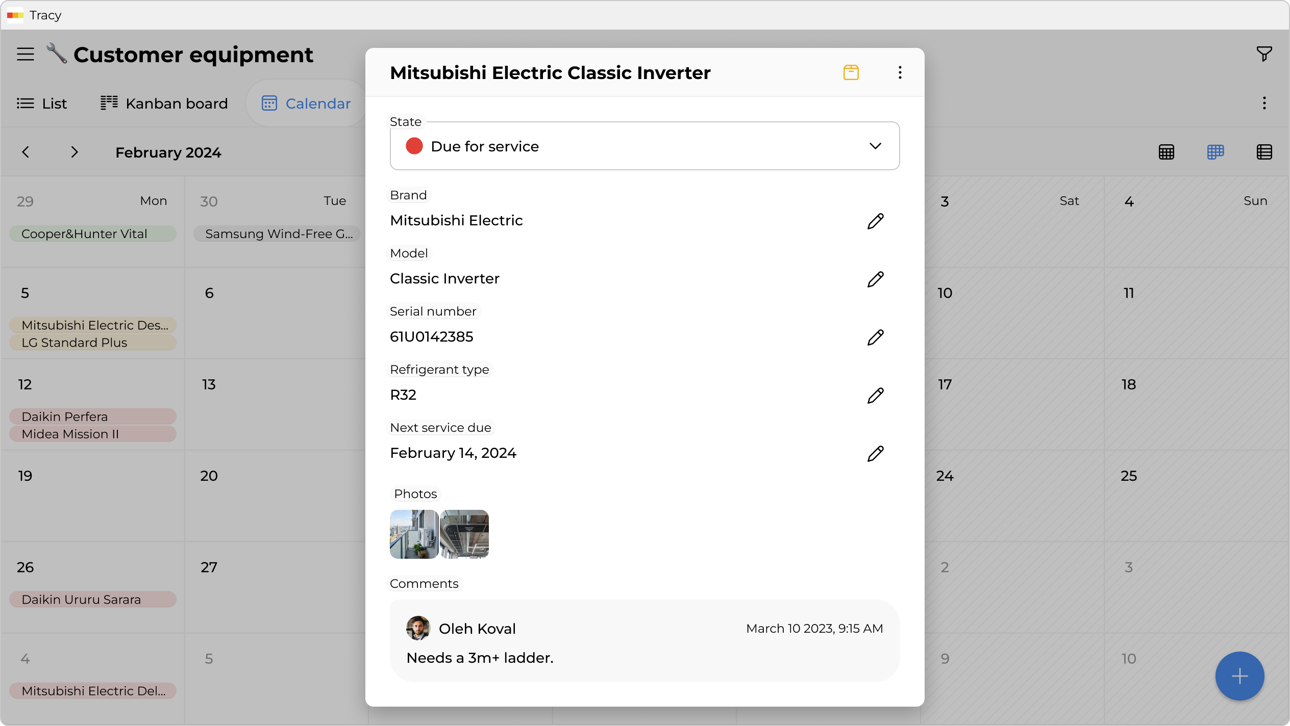Model, refrigerant, serial number, installation date—all in the equipment card