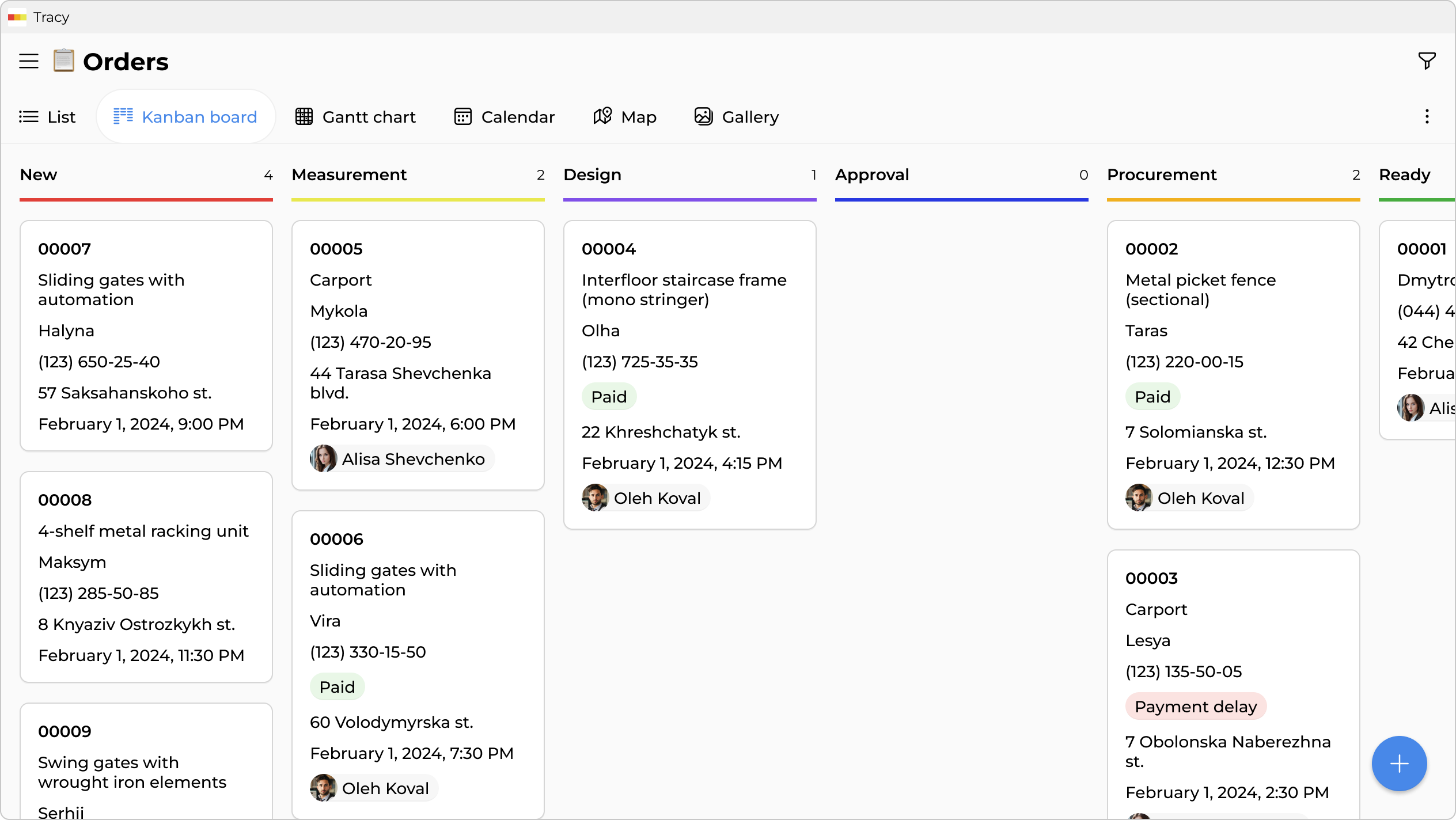 Orders by stage—from measurement to installation
