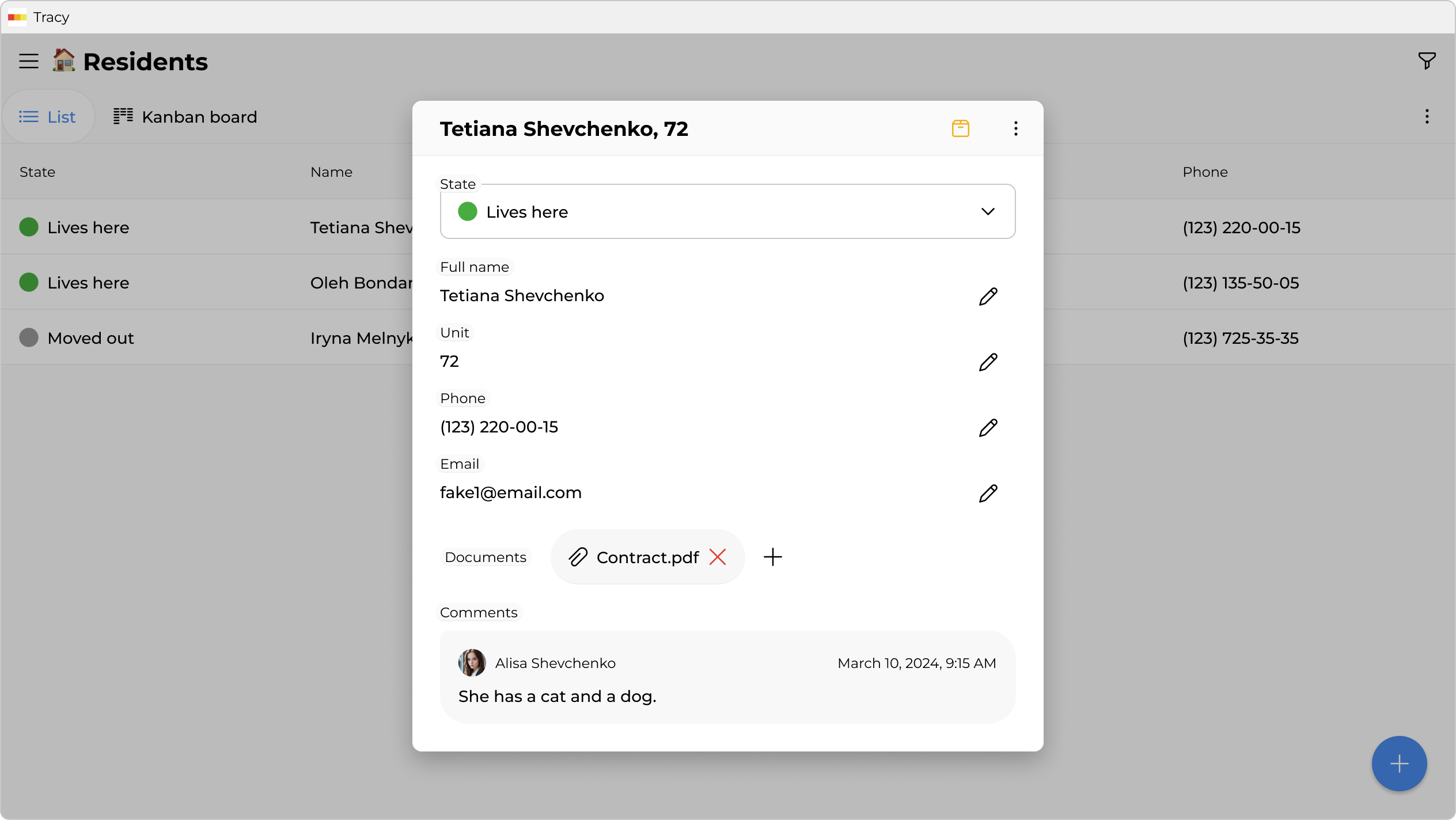 Resident database with contacts and apartment addresses