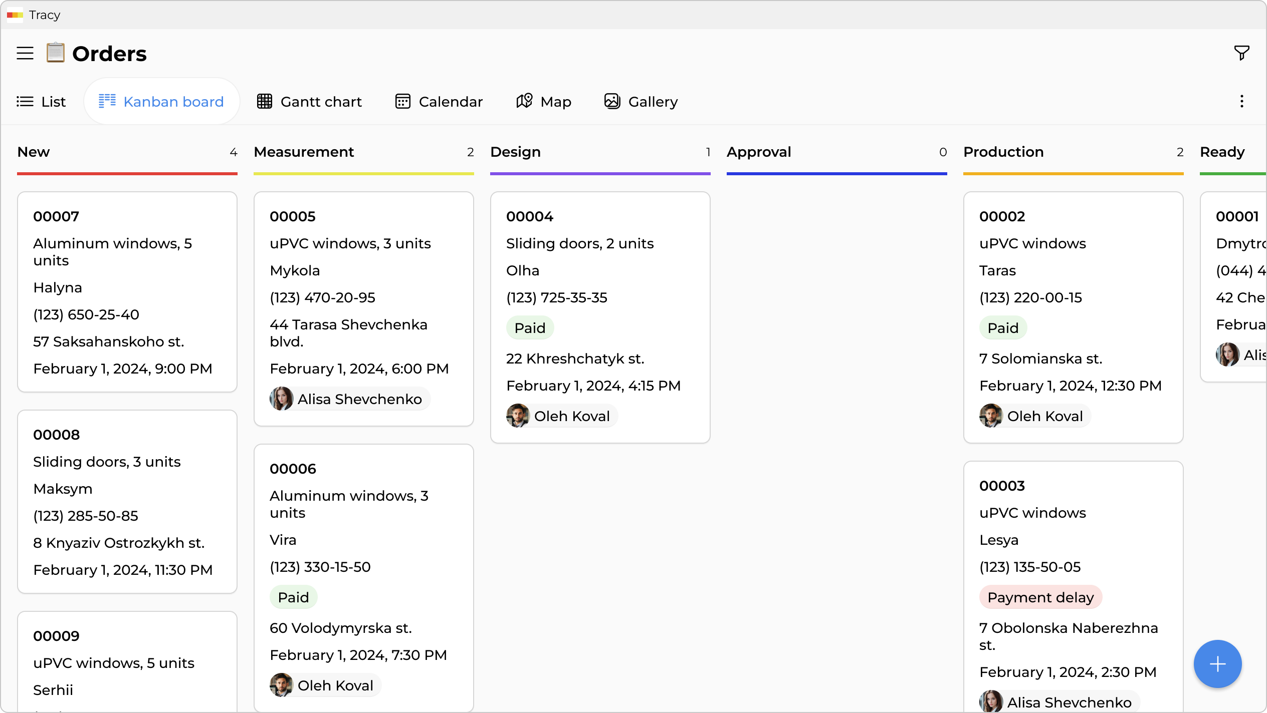Orders by stage—from measurement to installation